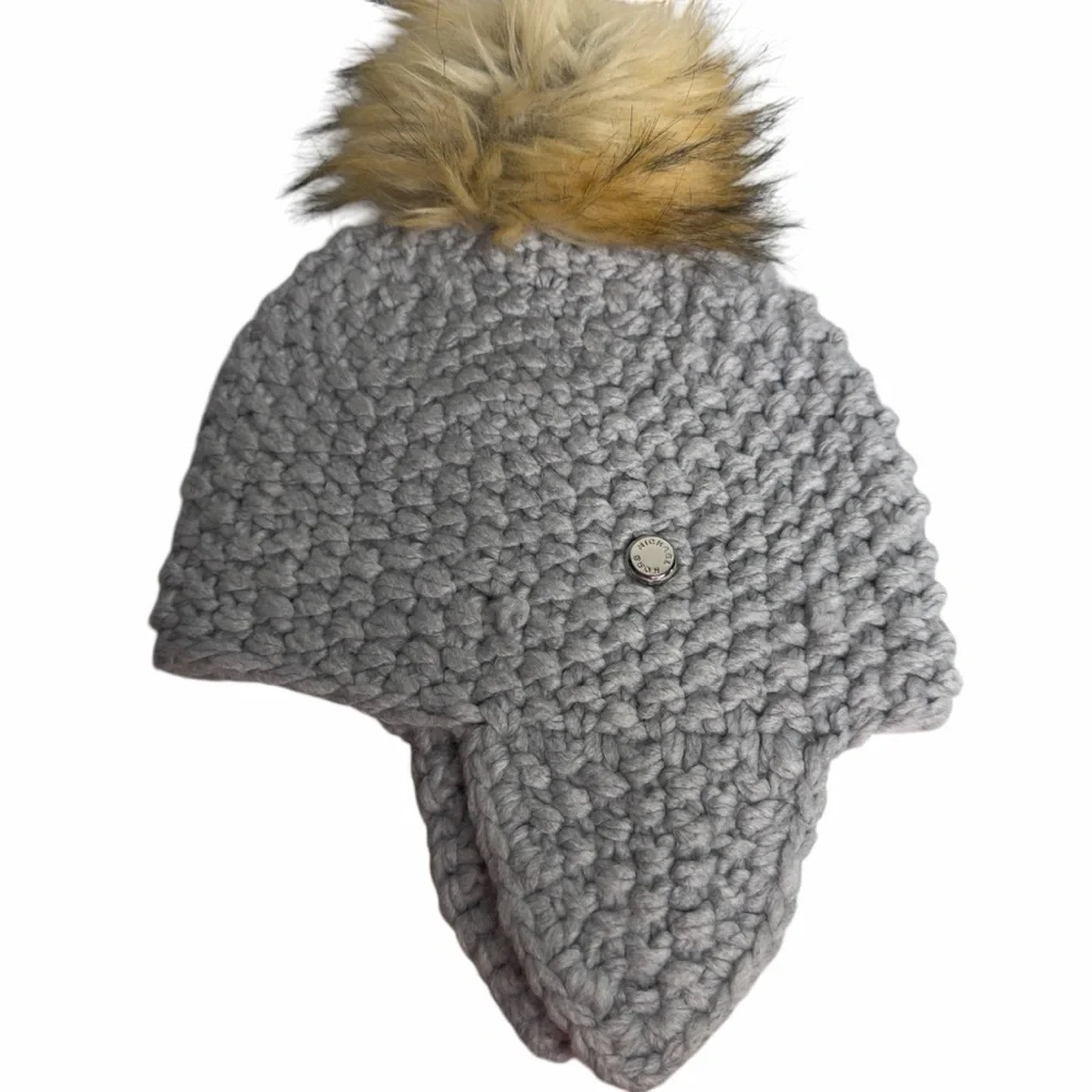 MICHAEL Michael Kors Gray Knit Hat with Tan Faux Fur Pom